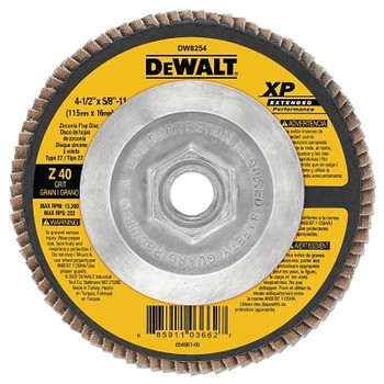 DeWalt XP Extended Performance Flap Disc, 4-1/2 in, 40 Grit, 5/8 in - 11 Arbor, 13300 RPM, Type 27 (10 EA / BX)