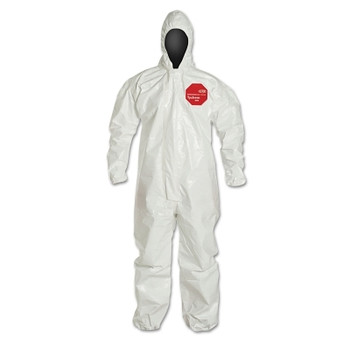 DuPont Tychem 4000 Coverall,Taped Seams, Attached Hood, Elastic Wrists and Ankles, Zipper Front, Storm Flap, White, 5X-Large (6 EA / CA)