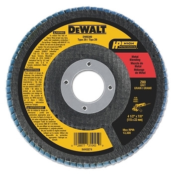 DeWalt High Perf T29 Flap Disc, 4-1/2 in, 80 Grit, 7/8 in Arbor, 13,300 RPM (10 EA / BX)