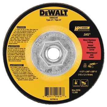DeWalt HP T27 Metal Cuttiing Wheel, 4-1/2 in dia, 7/8 in Arbor, 13300 RPM (1 EA / EA)