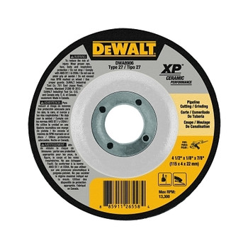 DeWalt Ceramic Grinding Wheel, 4 1/2 in Dia, 1/8 in Thick, 7/8 Arbor, 24 Grit Ceramic (1 EA / EA)