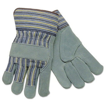 MCR Safety Select Split Cow Gloves, Large, Leather, Gray/Brown w/Blue/Yellow/Black Stripes (12 PR / DZ)