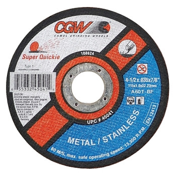 CGW Abrasives Super-Quickie Cut-Off Wheel, 4 1/2 in Dia, .045 in Thick, 60 Grit Alum. Oxide (50 EA / BOX)