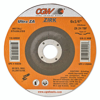 CGW Abrasives Depressed Center Wheel, Type 27, 9 in Dia, 1/4 in Thick, 24 Grit, Zirconia Alum Oxide (10 EA / BOX)