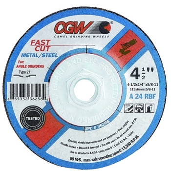 CGW Abrasives Depressed Center Wheel, 6 in Dia, 1/4 in Thick, 7/8 Arbor, 24 Grit, Alum. Oxide (25 EA / BX)