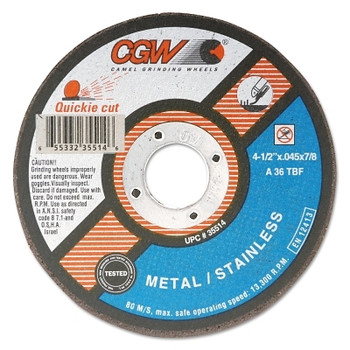 CGW Abrasives Quickie Cut Extra Thin Cut-Off Wheel,5 in Dia, 0.045 in Thick, 7/8 in Arbor ,36 Grit Alum. Oxide (25 EA / BX)