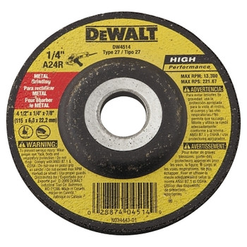 DeWalt Type 27 HP Metal Grinding Wheel, 4-1/2 in dia, 7/8 in Arbor, 13,300 RPM, 24 Grit (25 EA / BOX)