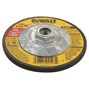 DeWalt Type 27 HP Metal Grinding Wheel, 4-1/2 in dia, 5/8 in to 11, 13,300 RPM, 24 Grit (10 EA / PK)