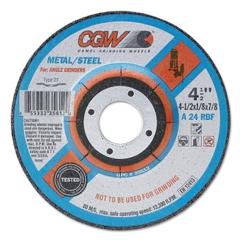 CGW Abrasives Depressed Center Wheel, 4 1/2 in Dia, 1/8 in Thick, 5/8 in Arbor, Hardness R (25 EA / BOX)