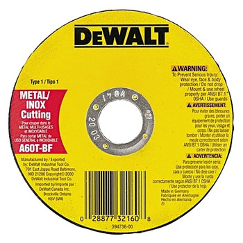 DeWalt Type 1 Thin Metal Cutting Wheel, 4-1/2 in dia, 0.045 in Thick, 7/8 in Arbor, A60T Grit (25 EA / BOX)