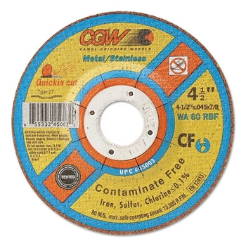 CGW Abrasives Contaminate Free Cut-Off Wheel, 4 1/2 in Dia, .045 in Thick, 60 Grit Alum. Oxide (25 EA / BOX)