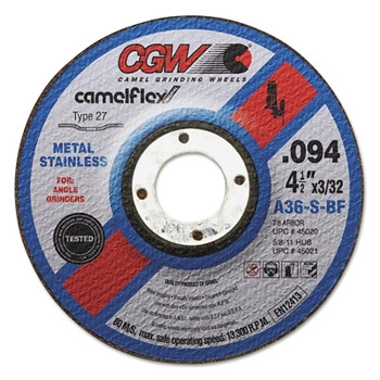 CGW Abrasives Thin Cut-Off Wheel, 4 1/2 in Dia, 3/32 in Thick, 5/8 Arbor, 36 Grit Alum. Oxide (10 EA / BOX)