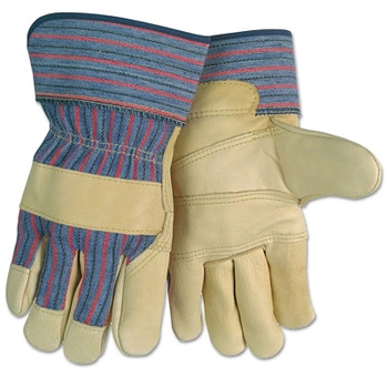 MCR Safety Grain Leather Palm Gloves, Large, Blue/Red/Black Striped Fabric;Beige Leather (12 PR / DZ)