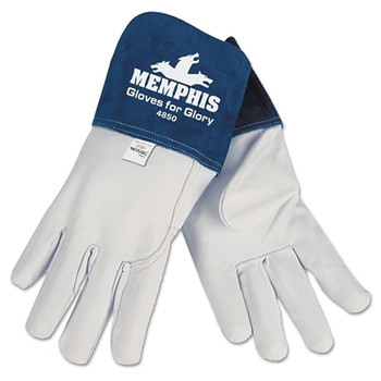 MCR Safety Gloves for Glory Premium Top Grain Goatskin Leather Welding Work Gloves, Medium, Blue/White, Gauntlet Cuff (12 PR / DOZ)