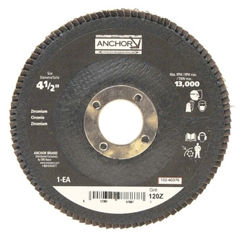 Anchor Brand Abrasive High Density Flap Discs, 4 1/2 in Dia, 120 Grit, 7/8 in Arbor, Type 27 (10 EA / BX)