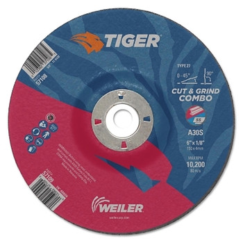 Weiler Tiger Combo Wheels, 6" Dia., 1/8" Thick, 7/8" Arbor, 24 Grit, Aluminum Oxide (25 EA / BX)