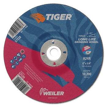 Weiler Tiger Grinding Wheels, 6 in Dia., 1/4 in Thick, 7/8 in Arbor, 24 Grit (10 EA / BX)
