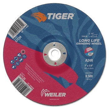 Weiler Tiger Grinding Wheels, 7 in Dia., 1/4 in Thick, 7/8 in Arbor, 24 Grit (10 EA / BX) Weiler Tiger Grinding Wheels, 7 in Dia., 1/4 in Thick, 7/8 in Arbor, 24 Grit (10 EA / BX)