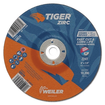 Weiler Tiger Zirc Grinding Wheels, 6 in Dia., 1/4 in Thick, 7/8 in Arbor, 24 Grit (10 EA / BX)