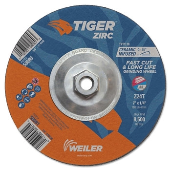 Weiler Tiger Zirc Grinding Wheels, 7 in Dia., 1/4 in Thick, 24 Grit, Zirconium (10 EA / BX)