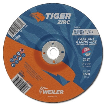 Weiler Tiger Zirc Grinding Wheels, 7 in Dia., 1/4 in Thick, 7/8 in Arbor, 24 Grit (10 EA / BX) Weiler Tiger Zirc Grinding Wheels, 7 in Dia., 1/4 in Thick, 7/8 in Arbor, 24 Grit (10 EA / BX)