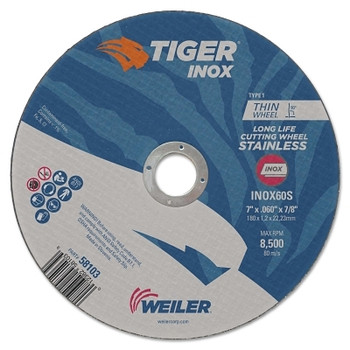 Weiler Tiger Inox Thin Cutting Wheel, Type 1, 7 in Diameter, 0.060 in Thick, 7/8 in Arbor (25 EA / BX)