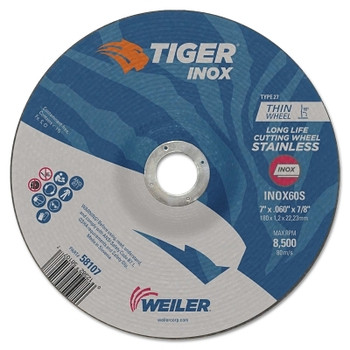 Weiler Tiger Inox Thin Cutting Wheels, Type 27, 7 in Dia., 0.045 in Thick, 7/8 in Arbor (25 EA / BX)