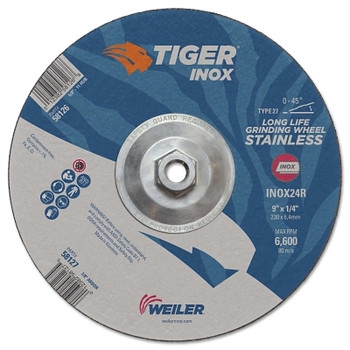 Weiler Tiger Inox Grinding Wheels, 9 in Dia., 1/4 in Thick, 24 Grit, Aluminum Oxide (10 EA / BX)