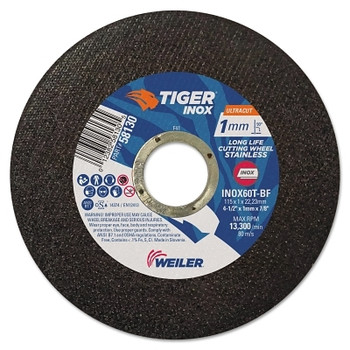 Weiler Tiger INOX Ultracut Thin Cutting Wheel, 4-1/2 in dia, 1 mm Thick, 7/8 in Arbor, 60 Grit (50 EA / BX)
