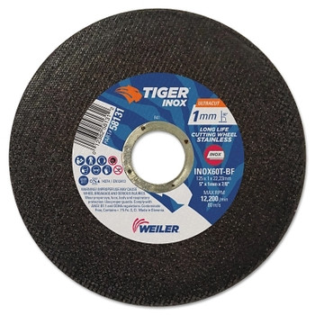 Weiler Tiger INOX Ultracut Thin Cutting Wheel, 5", 7/8" Arbor, 60, 12200 rpm, 50/PK (50 EA / BX)