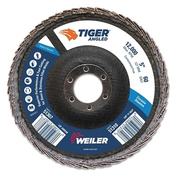 Weiler Tiger Angled Flap Disc, 5 in Dia, 60 Grit, 12000 rpm (10 EA / BX)