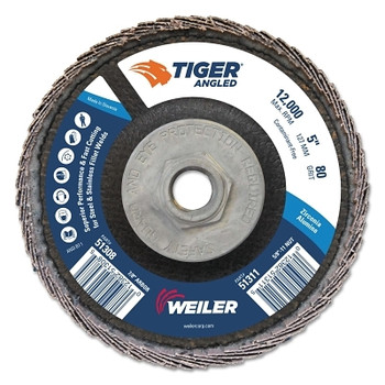 Weiler Tiger Angled Flap Disc, 5 in Dia, 80 Grit, 5/8 in-11 Arbor, 12000 rpm (10 EA / BX)