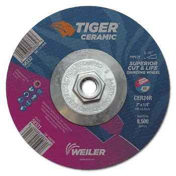 Weiler Tiger Ceramic Grinding Wheels, 7 in Dia, 1/4 in Thick, 5/8 in Arbor,10/bx (10 EA / BX)