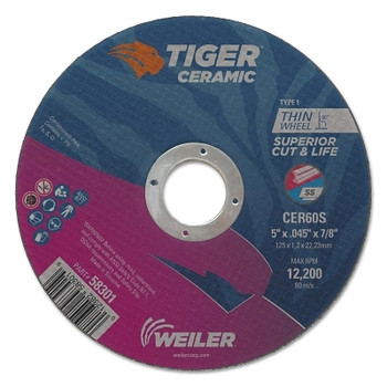 Weiler Tiger Ceramic Cutting Wheel, Type 1, 5 in Diameter., 0.045 in Thick, 7/8 in Arbor (25 EA / BX)