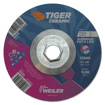 Weiler Tiger Ceramic Cutting Wheels, 6" Dia., 0.045" Thick, 60 Grit, Ceramic Alumina (10 EA / BX)