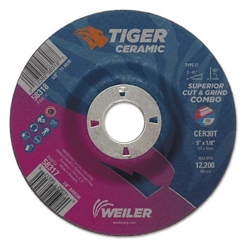Weiler Tiger Ceramic Combo Wheels, 5 in Dia., 1/8 in Thick, 7/8 in Arbor, 30 Grit (25 EA / BX)