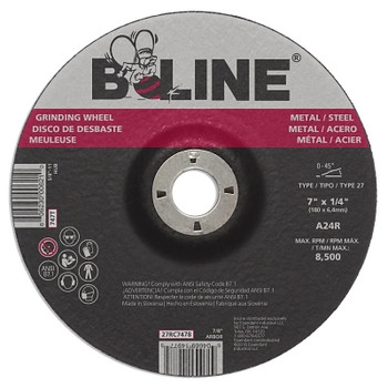 B-Line Abrasives Depressed Ctr Grinding Wheel, 7 in dia, 1/4 in Thick, 7/8 in Arbor, 24 Grit (10 EA / BX)