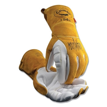 Caiman 1540 revolution Premium Goat Grain Unlined Palm TIG/Multi-Task Welding Gloves, Cowhide Cuff, Medium, Gold/Pearl White (1 PR / PR)