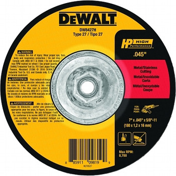 DeWalt HP T27 Metal Cuttiing Wheel, 7 in dia, 5/8 in Arbor, 8,700 RPM (10 EA / BX)