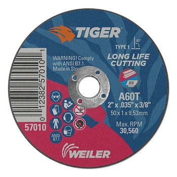 Weiler Tiger Aluminum Oxide Flat Type 1 Cutting Wheel, 3 in dia x 1/8 in, 1/4 in Arbor, 36 Grit, T Hardness (100 EA / BX)