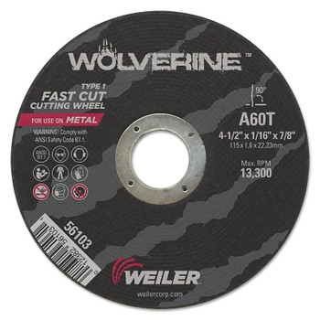 Weiler Wolverine Flat Type 1 Cutting Wheel, 2 in Dia, 60 Grit, Aluminum Oxide (100 EA / BX)