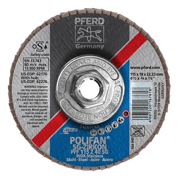 Pferd Type 27 POLIFAN SG Flap Discs, 4 1/2", 40 Grit, 5/8 Arbor, 13,300 rpm, Zirconia (1 EA / EA)