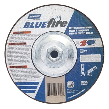 Norton Bluefire Type 27 Depressed Center Wheel, 7 in dia, 5/8 in Arbor, 1/8 in Thick, 24 Grit, Zirconia/Aluminum Oxide (10 EA / PK)