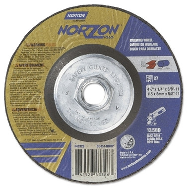 Norton Type 27 NorZon Plus Depressed Center Wheel, 4-1/2 in dia, 1/4 in Thick, 5/8 in Arbor, 24 Grit (10 EA / BX)
