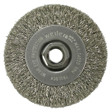 Weiler Crimped Wire Wheel, 4 in dia x 1/2 in W, 0.014 in Stainless Steel Wire, 14000 RPM (1 EA / EA)