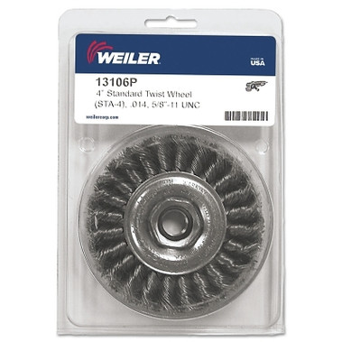 Weiler Standard Twist Knot Wheel, 4 in D x 1/2 W, .014 Wire, 5/8-11 UNC Nut, Retail Pk (5 EA / CT)