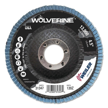 Weiler Vortec Pro Abrasive Flap Disc, Zirconium, 4-1/2 in dia, 120 Grit, 7/8 Arbor, 13000 RPM (1 EA / EA)