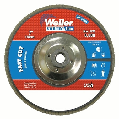 Weiler Vortec Pro Abrasive Flap Disc, 7 in dia, 60 Grit, 5/8 in-11, 8600 rpm, Type 29 (1 EA / EA)