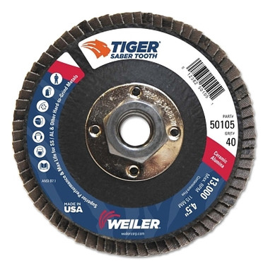 Weiler Saber Tooth Ceramic Flap Disc, 4-1/2 in, 40 Grit, 5/8 in Arbor, 13,000 RPM (10 EA / BX)