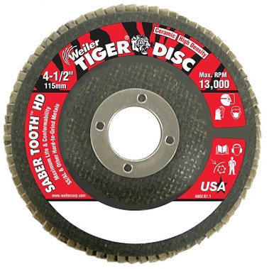 Weiler Tiger Saber Tooth Ceramic High Density Flap Disc, 4-1/2 in dia, 40 Grit, 7/8 in Arbor, 13000 RPM, Type 27 (1 EA / EA)
